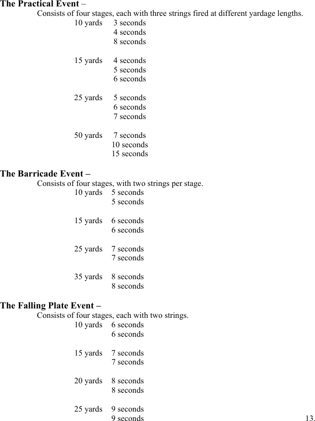 The Practical Event &ndash; Consists of four stages, each with three strings fired at different yardage lengths.     10 yards   3 seconds     4 seconds     8 seconds      15 yards   4 seconds     5 seconds     6 seconds      25 yards   5 seconds     6 seconds     7 seconds      50 yards   7 seconds    10 seconds    15 seconds   The Barricade Event &ndash;  Consists of four stages, with two strings per stage.   10 yards 5 seconds    5 seconds    15 yards 6 seconds    6 seconds     25 yards 7 seconds    7 seconds    35 yards 8 seconds    8 seconds  The Falling Plate Event &ndash;   Consists of four stages, each with two strings.   10 yards 6 seconds    6 seconds    15 yards 7 seconds    7 seconds     20 yards 8 seconds    8 seconds    25 yards 9 seconds       9 seconds                              13. 