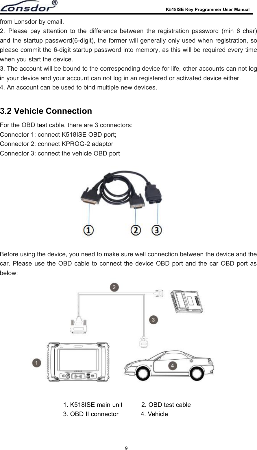 K518ISE Key Programmer User Manual9from Lonsdor by email.2. Please pay attention to the difference between the registration password (min 6 char)and the startup password(6-digit), the former will generally only used when registration, soplease commit the 6-digit startup password into memory, as this will be required every timewhen you start the device.3. The account will be bound to the corresponding device for life, other accounts can not login your device and your account can not log in an registered or activated device either.4. An account can be used to bind multiple new devices.3.2 Vehicle ConnectionFor the OBD test cable, there are 3 connectors:Connector 1: connect K518ISE OBD port;Connector 2: connect KPROG-2 adaptorConnector 3: connect the vehicle OBD portBefore using the device, you need to make sure well connection between the device and thecar. Please use the OBD cable to connect the device OBD port and the car OBD port asbelow:1. K518ISE main unit 2. OBD test cable3. OBD II connector 4. Vehicle