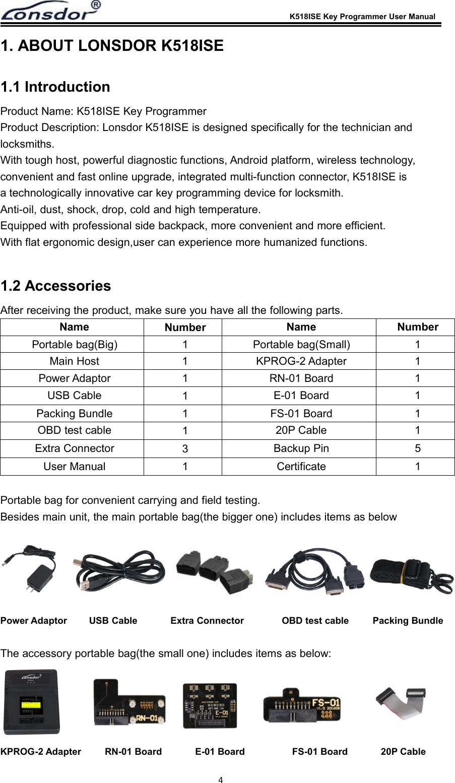 K518ISE Key Programmer User Manual41. ABOUT LONSDOR K518ISE1.1 IntroductionProduct Name: K518ISE Key ProgrammerProduct Description: Lonsdor K518ISE is designed specifically for the technician andlocksmiths.With tough host, powerful diagnostic functions, Android platform, wireless technology,convenient and fast online upgrade, integrated multi-function connector, K518ISE isa technologically innovative car key programming device for locksmith.Anti-oil, dust, shock, drop, cold and high temperature.Equipped with professional side backpack, more convenient and more efficient.With flat ergonomic design,user can experience more humanized functions.1.2 AccessoriesAfter receiving the product, make sure you have all the following parts.Name Number Name NumberPortable bag(Big) 1 Portable bag(Small) 1Main Host 1KPROG-2 Adapter 1Power Adaptor 1RN-01 Board 1USB Cable 1E-01 Board 1Packing Bundle 1 FS-01 Board 1OBD test cable 120P Cable 1Extra Connector 3Backup Pin 5User Manual 1 Certificate 1Portable bag for convenient carrying and field testing.Besides main unit, the main portable bag(the bigger one) includes items as belowPower Adaptor USB Cable Extra Connector OBD test cable Packing BundleThe accessory portable bag(the small one) includes items as below:KPROG-2 Adapter RN-01 Board E-01 Board FS-01 Board 20P Cable