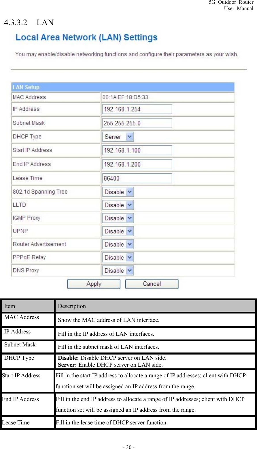 5G Outdoor Router User Manual - 30 - 4.3.3.2 LAN  Item   Description  MAC Address  Show the MAC address of LAN interface. IP Address  Fill in the IP address of LAN interfaces. Subnet Mask  Fill in the subnet mask of LAN interfaces. DHCP Type  Disable: Disable DHCP server on LAN side. Server: Enable DHCP server on LAN side. Start IP Address  Fill in the start IP address to allocate a range of IP addresses; client with DHCP function set will be assigned an IP address from the range. End IP Address  Fill in the end IP address to allocate a range of IP addresses; client with DHCP function set will be assigned an IP address from the range. Lease Time  Fill in the lease time of DHCP server function. 