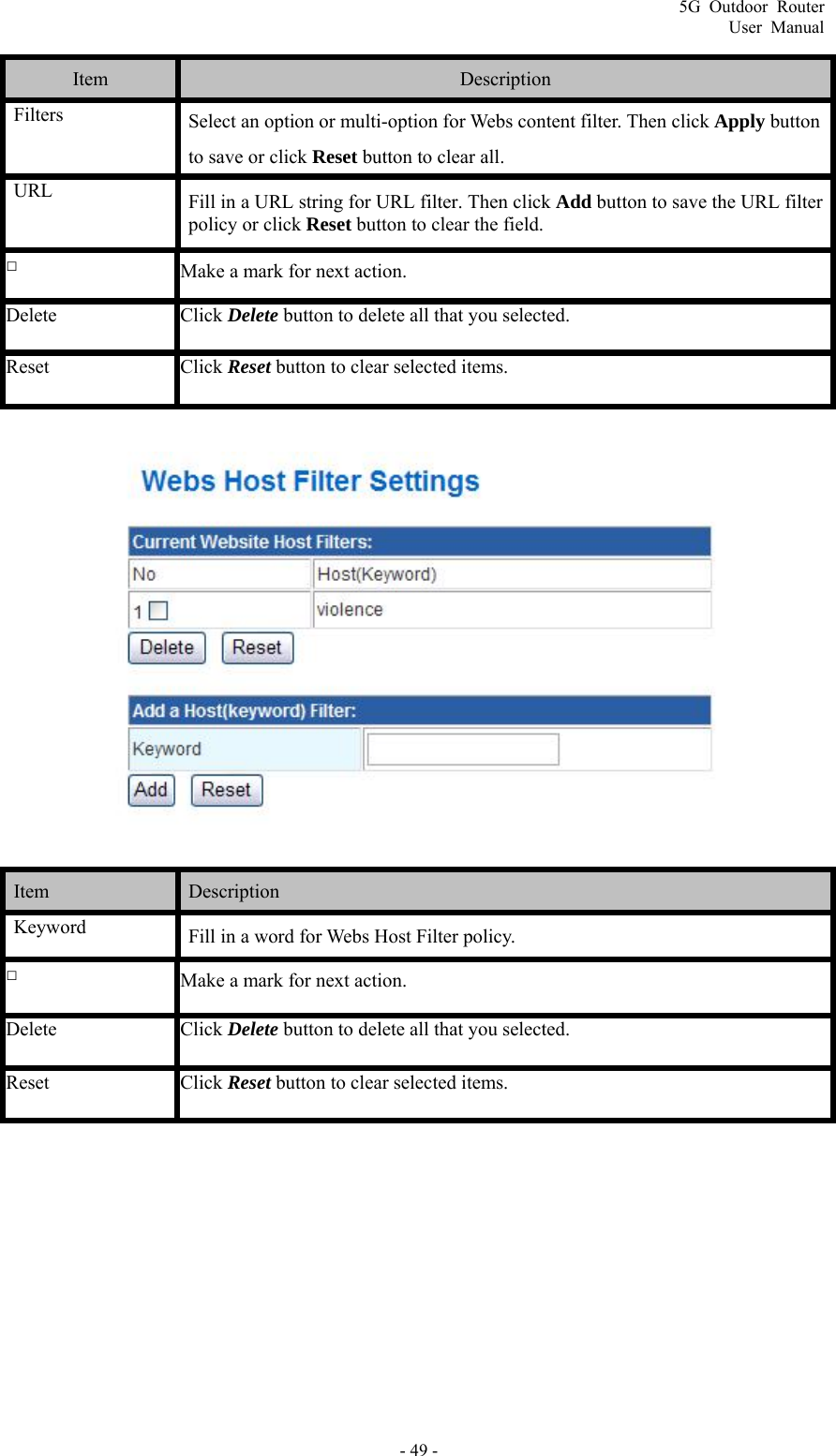 5G Outdoor Router User Manual - 49 - Item  Description Filters  Select an option or multi-option for Webs content filter. Then click Apply button to save or click Reset button to clear all. URL  Fill in a URL string for URL filter. Then click Add button to save the URL filter policy or click Reset button to clear the field. □ Make a mark for next action. Delete Click Delete button to delete all that you selected. Reset Click Reset button to clear selected items.    Item   Description  Keyword  Fill in a word for Webs Host Filter policy. □ Make a mark for next action. Delete Click Delete button to delete all that you selected. Reset Click Reset button to clear selected items.  