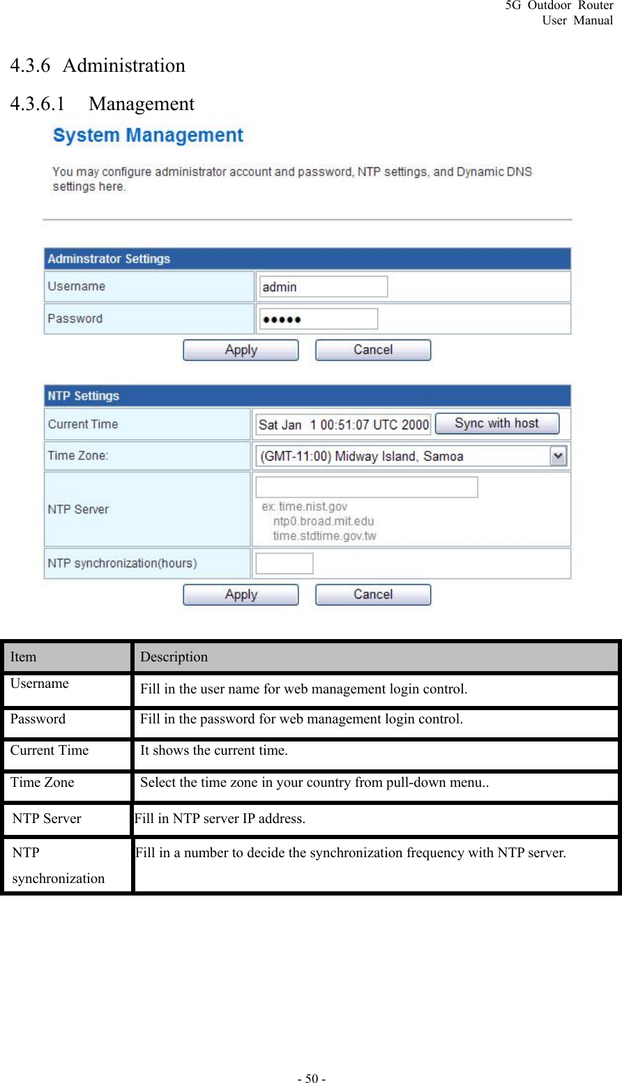 5G Outdoor Router User Manual - 50 - 4.3.6 Administration 4.3.6.1 Management   Item   Description  Username  Fill in the user name for web management login control. Password  Fill in the password for web management login control. Current Time  It shows the current time. Time Zone  Select the time zone in your country from pull-down menu.. NTP Server  Fill in NTP server IP address. NTP synchronization Fill in a number to decide the synchronization frequency with NTP server. 