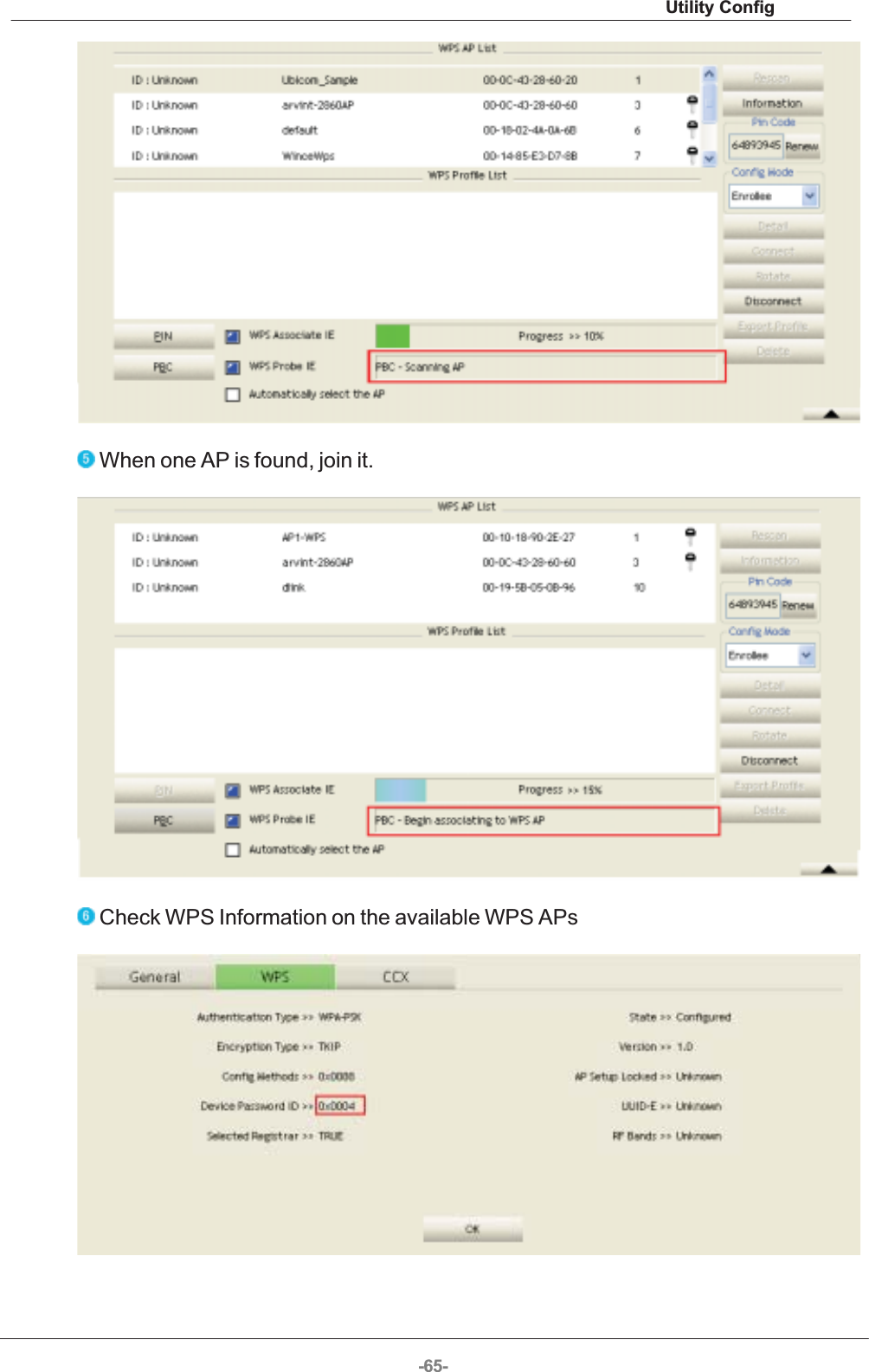 Utility Config-65-  When one AP is found, join it.   Check WPS Information on the available WPS APs  