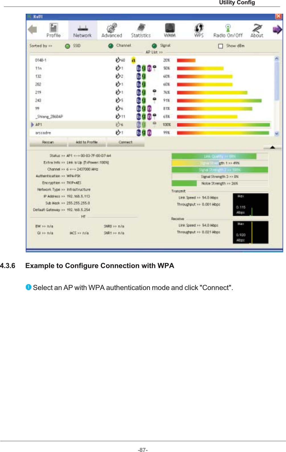 Utility Config-87-4.3.6 Example to Configure Connection with WPA Select an AP with WPA authentication mode and click &quot;Connect&quot;.      