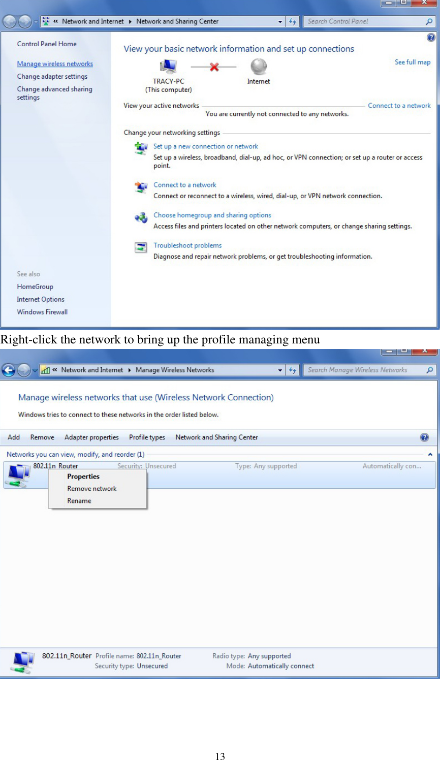 13Right-click the network to bring up the profile managing menu