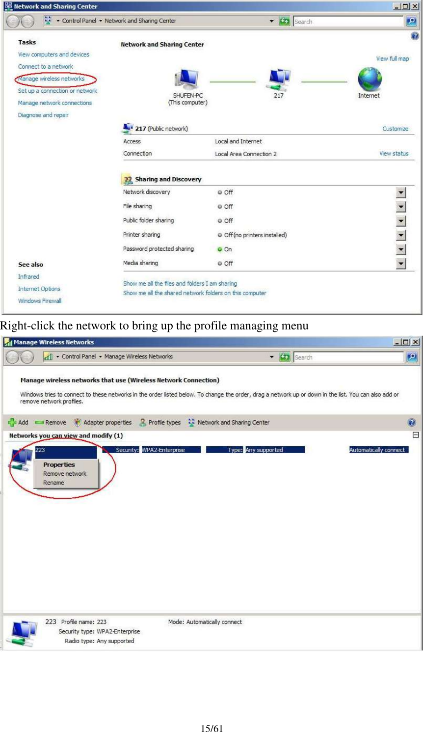 15/61Right-click the network to bring up the profile managing menu