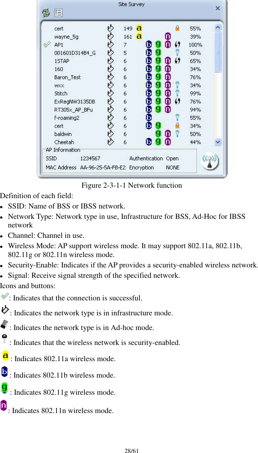 28/61Figure 2-3-1-1 Network functionDefinition of each field:SSID: Name of BSS or IBSS network.Network Type: Network type in use, Infrastructure for BSS, Ad-Hoc for IBSSnetworkChannel: Channel in use.Wireless Mode: AP support wireless mode. It may support 802.11a, 802.11b,802.11g or 802.11n wireless mode.Security-Enable: Indicates if the AP provides a security-enabled wireless network.Signal: Receive signal strength of the specified network.Icons and buttons:: Indicates that the connection is successful.: Indicates the network type is in infrastructure mode.: Indicates the network type is in Ad-hoc mode.: Indicates that the wireless network is security-enabled.: Indicates 802.11a wireless mode.: Indicates 802.11b wireless mode.: Indicates 802.11g wireless mode.: Indicates 802.11n wireless mode.