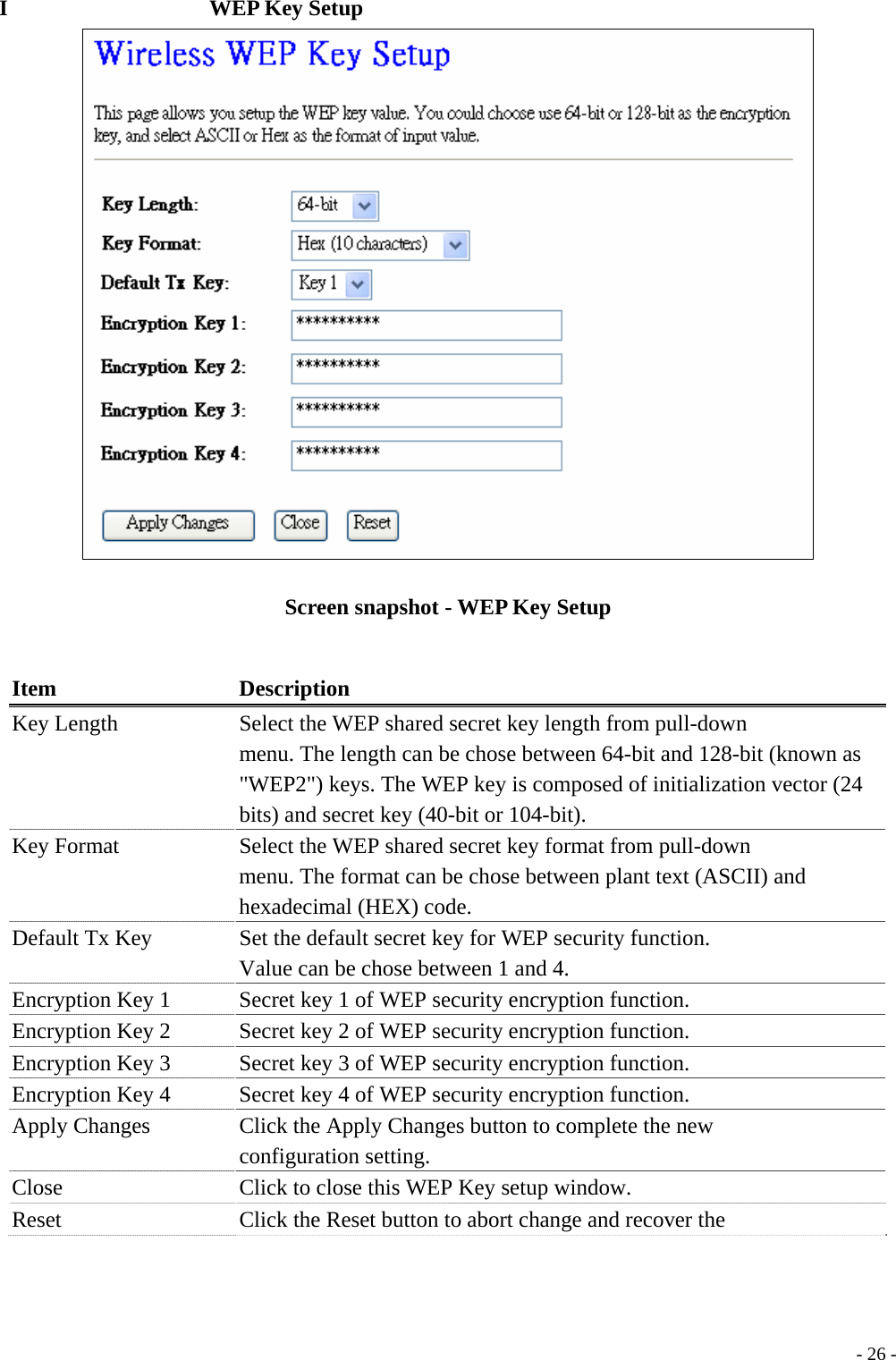 I                  WEP Key Setup  Screen snapshot - WEP Key Setup  Item Description Key Length  Select the WEP shared secret key length from pull-down menu. The length can be chose between 64-bit and 128-bit (known as &quot;WEP2&quot;) keys. The WEP key is composed of initialization vector (24 bits) and secret key (40-bit or 104-bit). Key Format  Select the WEP shared secret key format from pull-down menu. The format can be chose between plant text (ASCII) and hexadecimal (HEX) code. Default Tx Key  Set the default secret key for WEP security function. Value can be chose between 1 and 4. Encryption Key 1  Secret key 1 of WEP security encryption function. Encryption Key 2  Secret key 2 of WEP security encryption function. Encryption Key 3  Secret key 3 of WEP security encryption function. Encryption Key 4  Secret key 4 of WEP security encryption function. Apply Changes  Click the Apply Changes button to complete the new configuration setting. Close  Click to close this WEP Key setup window. Reset  Click the Reset button to abort change and recover the  - 26 -