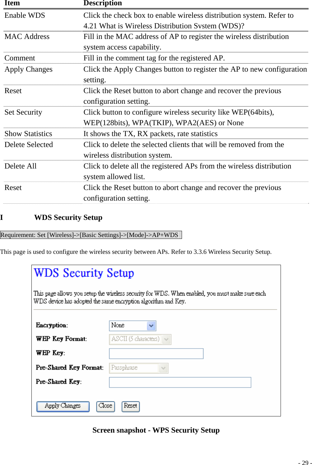  Item Description Enable WDS  Click the check box to enable wireless distribution system. Refer to 4.21 What is Wireless Distribution Svstem (WDS)? MAC Address  Fill in the MAC address of AP to register the wireless distribution system access capability. Comment   Fill in the comment tag for the registered AP. Apply Changes  Click the Apply Changes button to register the AP to new configuration setting. Reset    Click the Reset button to abort change and recover the previous configuration setting. Set Security  Click button to configure wireless security like WEP(64bits), WEP(128bits), WPA(TKIP), WPA2(AES) or None Show Statistics    It shows the TX, RX packets, rate statistics Delete Selected  Click to delete the selected clients that will be removed from the wireless distribution system. Delete All  Click to delete all the registered APs from the wireless distribution system allowed list. Reset  Click the Reset button to abort change and recover the previous configuration setting. I        WDS Security Setup Requirement: Set [Wireless]-&gt;[Basic Settings]-&gt;[Mode]-&gt;AP+WDS   This page is used to configure the wireless security between APs. Refer to 3.3.6 Wireless Security Setup.  Screen snapshot - WPS Security Setup  - 29 -