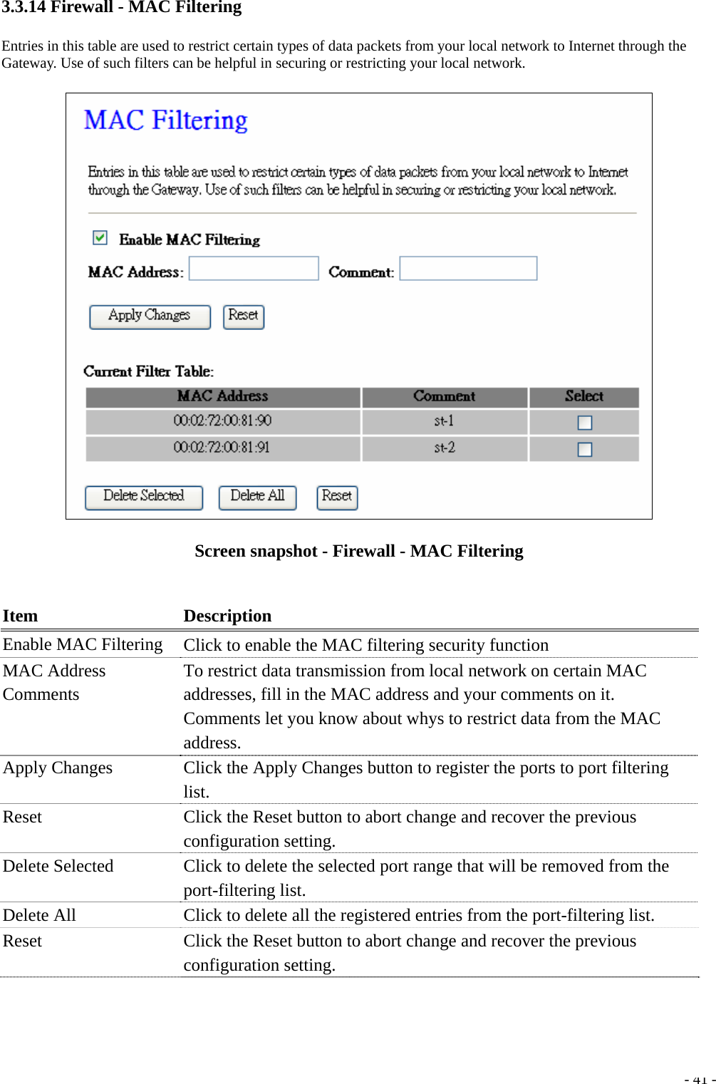 3.3.14 Firewall - MAC Filtering Entries in this table are used to restrict certain types of data packets from your local network to Internet through the Gateway. Use of such filters can be helpful in securing or restricting your local network.  Screen snapshot - Firewall - MAC Filtering  Item Description Enable MAC Filtering    Click to enable the MAC filtering security function MAC Address Comments  To restrict data transmission from local network on certain MAC addresses, fill in the MAC address and your comments on it. Comments let you know about whys to restrict data from the MAC address. Apply Changes  Click the Apply Changes button to register the ports to port filtering list. Reset  Click the Reset button to abort change and recover the previous configuration setting. Delete Selected  Click to delete the selected port range that will be removed from the port-filtering list. Delete All  Click to delete all the registered entries from the port-filtering list. Reset  Click the Reset button to abort change and recover the previous configuration setting.   - 41 - 