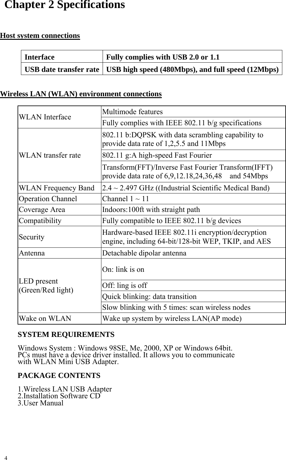  Chapter 2 Specifications  Host system connections  Interface  Fully complies with USB 2.0 or 1.1 USB date transfer rate  USB high speed (480Mbps), and full speed (12Mbps) Wireless LAN (WLAN) environment connections  Multimode features WLAN Interface  Fully complies with IEEE 802.11 b/g specifications 802.11 b:DQPSK with data scrambling capability to provide data rate of 1,2,5.5 and 11Mbps 802.11 g:A high-speed Fast Fourier WLAN transfer rate Transform(FFT)/Inverse Fast Fourier Transform(IFFT) provide data rate of 6,9,12.18,24,36,48    and 54Mbps WLAN Frequency Band  2.4 ~ 2.497 GHz ((Industrial Scientific Medical Band) Operation Channel  Channel 1 ~ 11 Coverage Area  Indoors:100ft with straight path Compatibility  Fully compatible to IEEE 802.11 b/g devices Security  Hardware-based IEEE 802.11i encryption/decryption engine, including 64-bit/128-bit WEP, TKIP, and AES Antenna  Detachable dipolar antenna On: link is on Off: ling is off Quick blinking: data transition LED present (Green/Red light) Slow blinking with 5 times: scan wireless nodes Wake on WLAN  Wake up system by wireless LAN(AP mode)  SYSTEM REQUIREMENTS  Windows System : Windows 98SE, Me, 2000, XP or Windows 64bit. PCs must have a device driver installed. It allows you to communicate with WLAN Mini USB Adapter.  PACKAGE CONTENTS  1.Wireless LAN USB Adapter 2.Installation Software CD 3.User Manual        4 