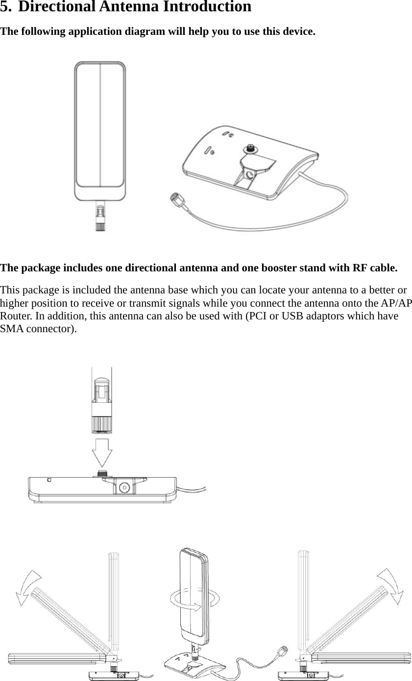 5. Directional Antenna Introduction The following application diagram will help you to use this device.  The package includes one directional antenna and one booster stand with RF cable. This package is included the antenna base which you can locate your antenna to a better or higher position to receive or transmit signals while you connect the antenna onto the AP/AP Router. In addition, this antenna can also be used with (PCI or USB adaptors which have SMA connector).  