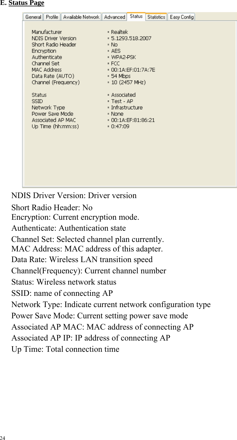  E. Status Page                            NDIS Driver Version: Driver version Short Radio Header: No Encryption: Current encryption mode.     Authenticate: Authentication state   Channel Set: Selected channel plan currently.     MAC Address: MAC address of this adapter.     Data Rate: Wireless LAN transition speed Channel(Frequency): Current channel number     Status: Wireless network status     SSID: name of connecting AP Network Type: Indicate current network configuration type     Power Save Mode: Current setting power save mode     Associated AP MAC: MAC address of connecting AP Associated AP IP: IP address of connecting AP Up Time: Total connection time          24 