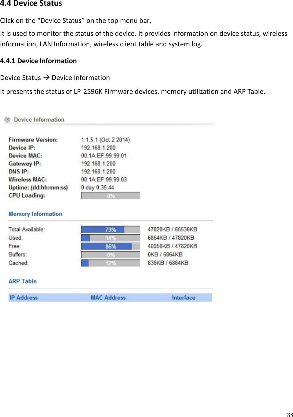 88  4.4 Device Status Click on the “Device Status” on the top menu bar,  It is used to monitor the status of the device. It provides information on device status, wireless information, LAN Information, wireless client table and system log.  4.4.1 Device Information Device Status  Device Information It presents the status of LP-2596K Firmware devices, memory utilization and ARP Table.      