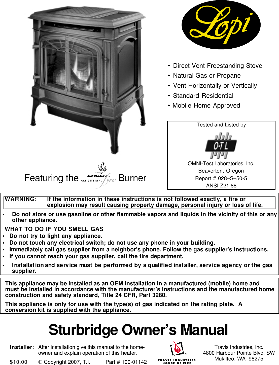 Lopi Direct Vent Freestanding Stove Users Manual