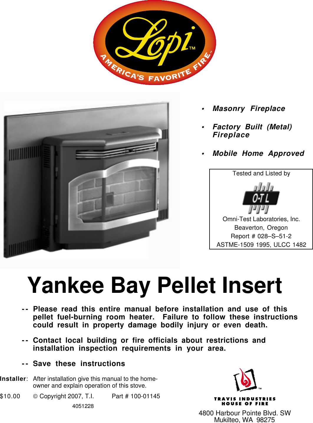 Lopi Yankee Bay Pellet Insert Users Manual
