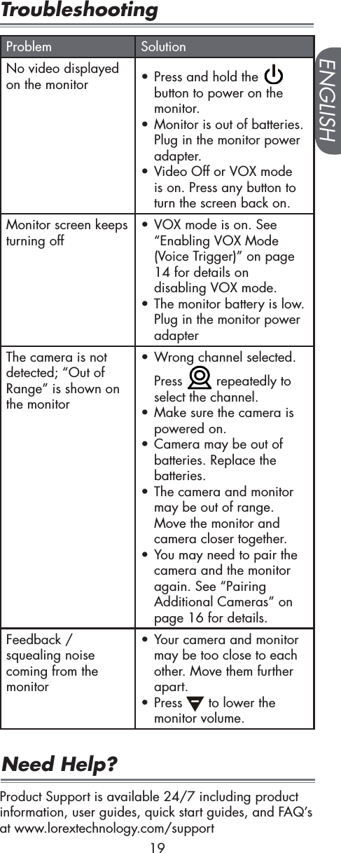 ENGLISH19TroubleshootingProblem SolutionNo video displayed on the monitor • Press and hold the   button to power on the monitor.• Monitor is out of batteries. Plug in the monitor power adapter.• Video Off or VOX mode is on. Press any button to turn the screen back on. Monitor screen keeps turning off• VOX mode is on. See “Enabling VOX Mode (Voice Trigger)” on page 14 for details on disabling VOX mode.• The monitor battery is low. Plug in the monitor power adapterThe camera is not detected; “Out of Range” is shown on the monitor• Wrong channel selected. Press   repeatedly to select the channel.• Make sure the camera is powered on.• Camera may be out of batteries. Replace the batteries.• The camera and monitor may be out of range. Move the monitor and camera closer together.• You may need to pair the camera and the monitor again. See “Pairing Additional Cameras” on page 16 for details.Feedback / squealing noise coming from the monitor• Your camera and monitor may be too close to each other. Move them further apart.• Press   to lower the monitor volume.Product Support is available 24/7 including product information, user guides, quick start guides, and FAQ’s at www.lorextechnology.com/supportNeed Help?