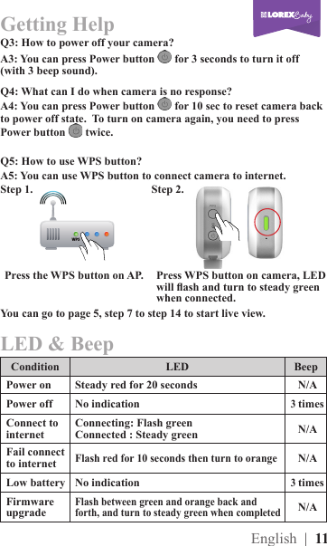 |  11EnglishGetting HelpQ5: How to use WPS button? Q3: How to power off your camera? Q4: What can I do when camera is no response? A5: You can use WPS button to connect camera to internet.A3: You can press Power button   for 3 seconds to turn it off  (with 3 beep sound).A4: You can press Power button   for 10 sec to reset camera back to power off state.  To turn on camera again, you need to press Power button   twice.Press the WPS button on AP.You  can  go  to  page  5,  step  7  to  step  14  to  start  live  view.                                                       Press WPS button on camera, LED will ash and turn to steady green when connected. WPSStep 1.                                          Step 2.                                                         LED &amp; BeepCondition LED BeepPower on Steady red for 20 seconds N/APower off No indication3 timesConnect to internetConnecting: Flash green Connected : Steady green N/AFail connect to internetFlash red for 10 seconds then turn to orangeN/ALow battery No indication3 timesFirmware upgradeFlash between green and orange back and forth, and turn to steady green when completedN/A