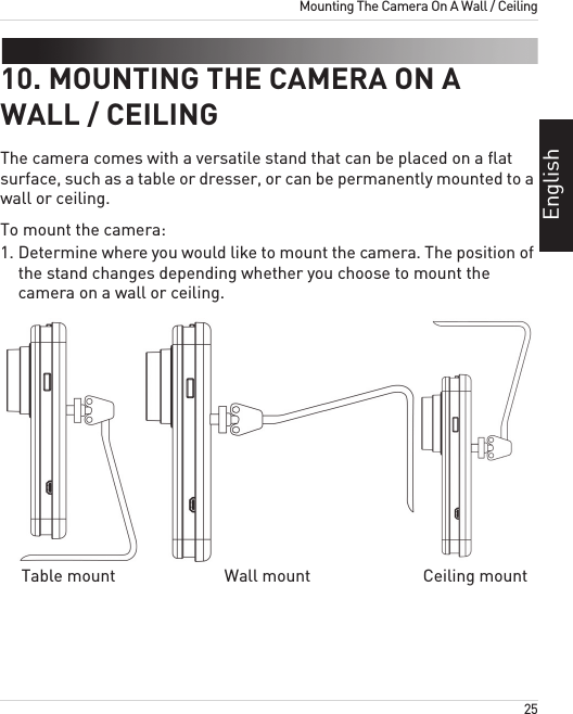 25Mounting The Camera On A Wall / CeilingEnglish10. MOUNTING THE CAMERA ON A WALL / CEILINGThe camera comes with a versatile stand that can be placed on a flat surface, such as a table or dresser, or can be permanently mounted to a wall or ceiling.To mount the camera:1. Determine where you would like to mount the camera. The position of the stand changes depending whether you choose to mount the camera on a wall or ceiling.Table mount Ceiling mountWall mount
