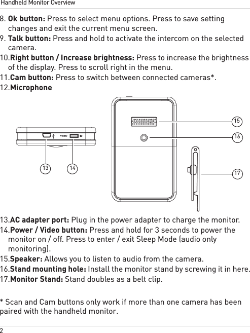 2Handheld Monitor Overview8. Ok button: Press to select menu options. Press to save setting changes and exit the current menu screen.9. Talk button: Press and hold to activate the intercom on the selected camera. 10.Right button / Increase brightness: Press to increase the brightness of the display. Press to scroll right in the menu.11.Cam button: Press to switch between connected cameras*.12.Microphone13151614 1713.AC adapter port: Plug in the power adapter to charge the monitor.14.Power / Video button: Press and hold for 3 seconds to power the monitor on / off. Press to enter / exit Sleep Mode (audio only monitoring).15.Speaker: Allows you to listen to audio from the camera.16.Stand mounting hole: Install the monitor stand by screwing it in here.17.Monitor Stand: Stand doubles as a belt clip.* Scan and Cam buttons only work if more than one camera has been paired with the handheld monitor.