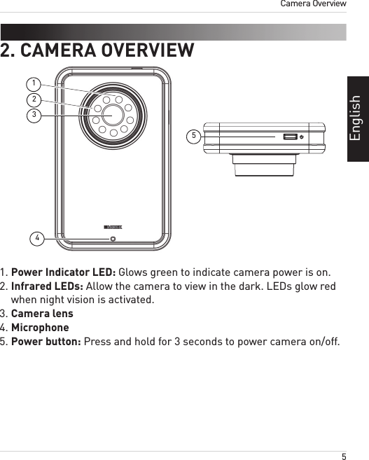 5Camera OverviewEnglish2. CAMERA OVERVIEW413521. Power Indicator LED: Glows green to indicate camera power is on.2. Infrared LEDs: Allow the camera to view in the dark. LEDs glow red when night vision is activated.3. Camera lens4. Microphone5. Power button: Press and hold for 3 seconds to power camera on/off.