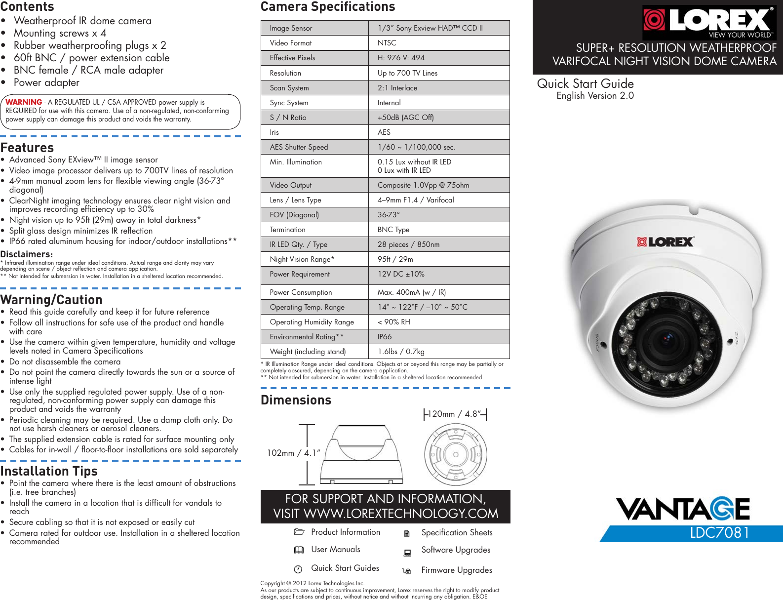 Page 1 of 2 - Lorex Lorex-960H-Dome-Security-Camera-With-Night-Vision-Quick-Start-Guide