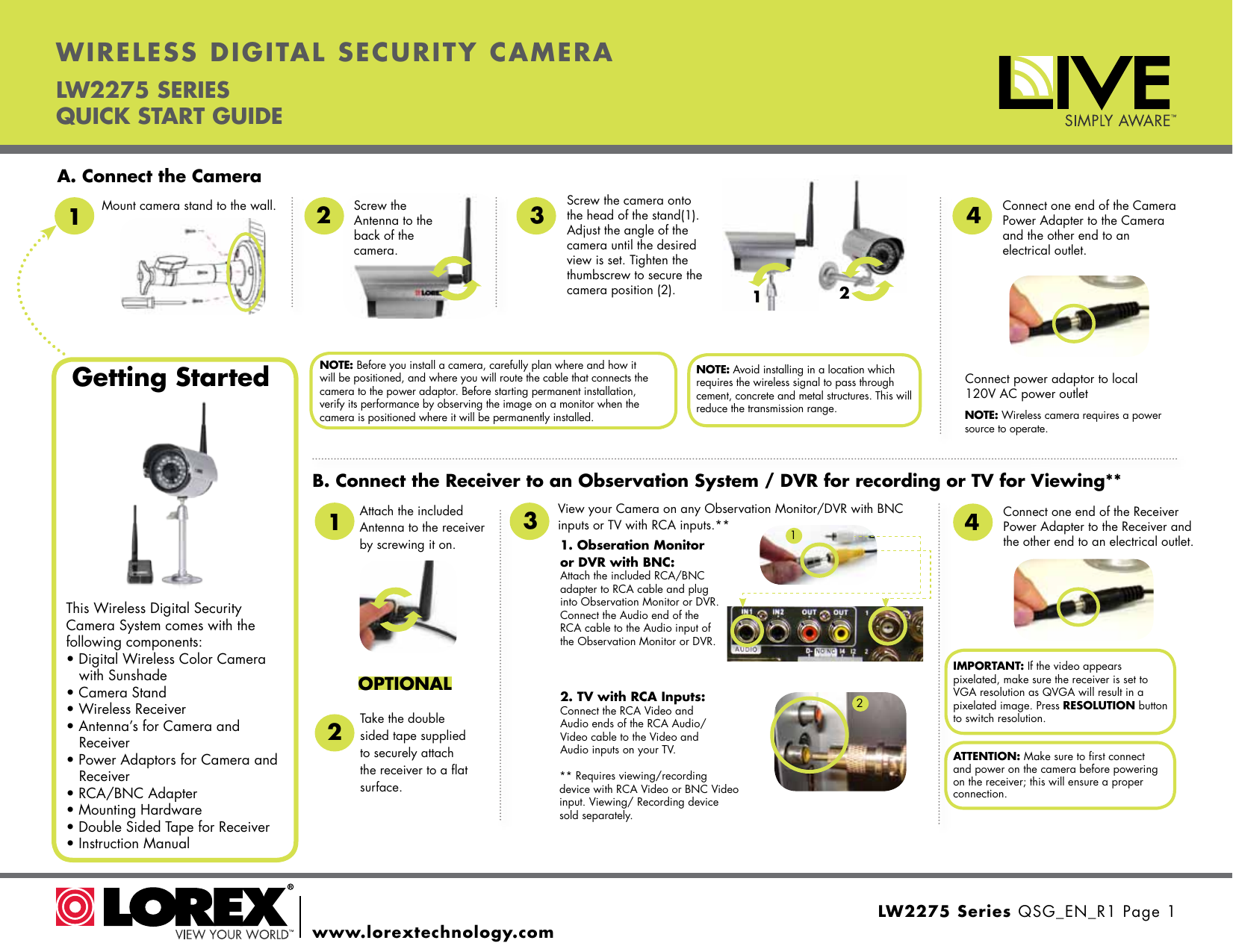 Page 1 of 2 - Lorex Lorex-Wireless-Camera-With-Audio-Quick-Start-Guide LW2275 Series QSG EN R1