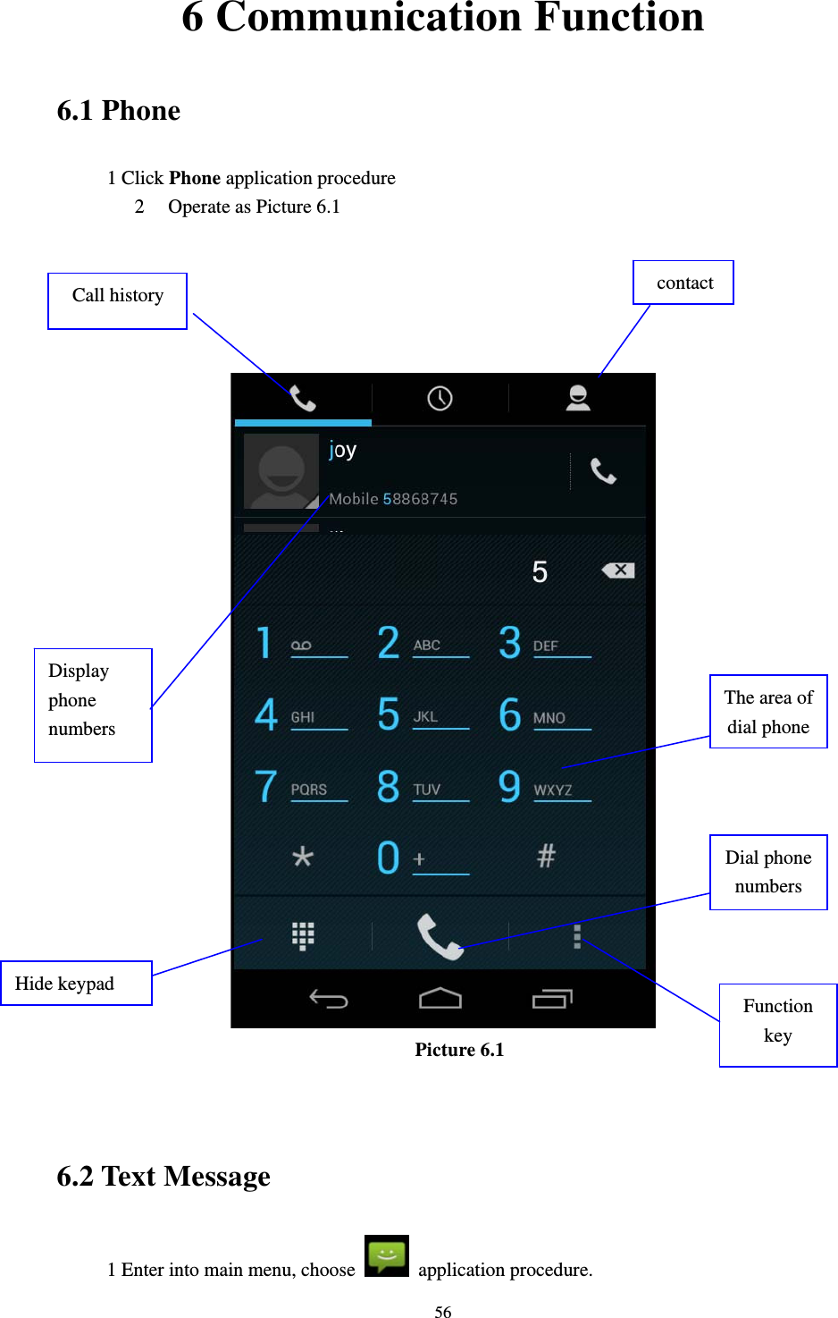     566 Communication Function 6.1 Phone 1 Click Phone application procedure 2 Operate as Picture 6.1       Picture 6.1   6.2 Text Message 1 Enter into main menu, choose   application procedure.     Display phone numbers Dial phone numbers The area of dial phone Call history  contactHide keypad Function key 