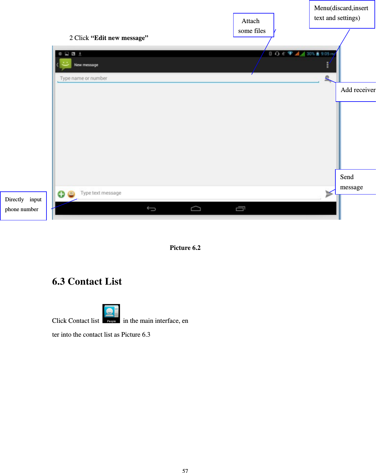    57  2 Click “Edit new message”     Picture 6.2  6.3 Contact List Click Contact list    in the main interface, en ter into the contact list as Picture 6.3 Directly input phone number Add receiverSend message  Attach some files Menu(discard,insert text and settings) 