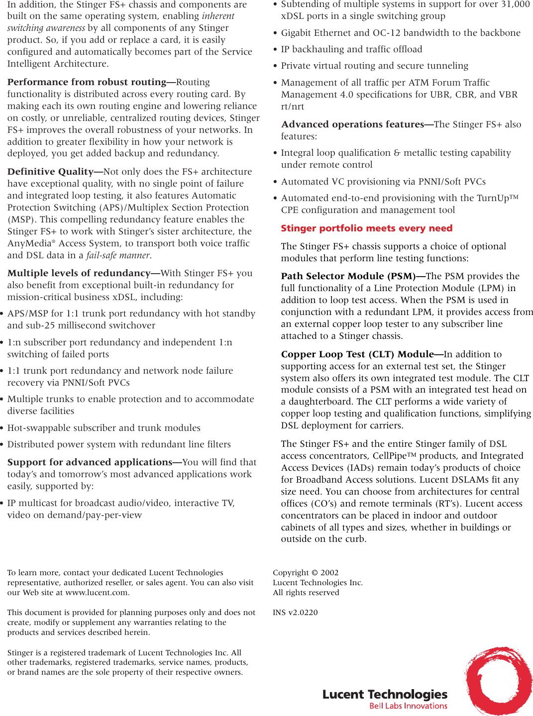 Page 4 of 4 - Lucent-Technologies Lucent-Technologies-Dsl-Access-Concentrator-Stinger-Fs-Users-Manual- Stinger FS4  Lucent-technologies-dsl-access-concentrator-stinger-fs-users-manual