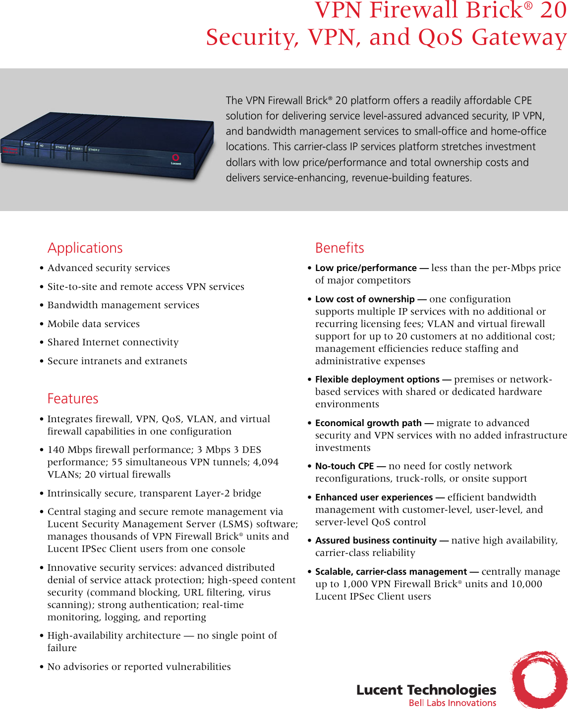 Page 1 of 4 - Lucent-Technologies Lucent-Technologies-Vpn-Firewall-Brick-20-Users-Manual- VPN Firewall Brick 20  Lucent-technologies-vpn-firewall-brick-20-users-manual