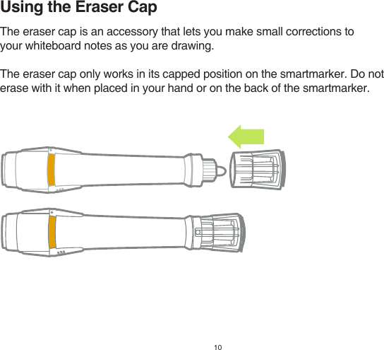 10Using the Eraser CapThe eraser cap is an accessory that lets you make small corrections toyour whiteboard notes as you are drawing.The eraser cap only works in its capped position on the smartmarker. Do noterase with it when placed in your hand or on the back of the smartmarker.