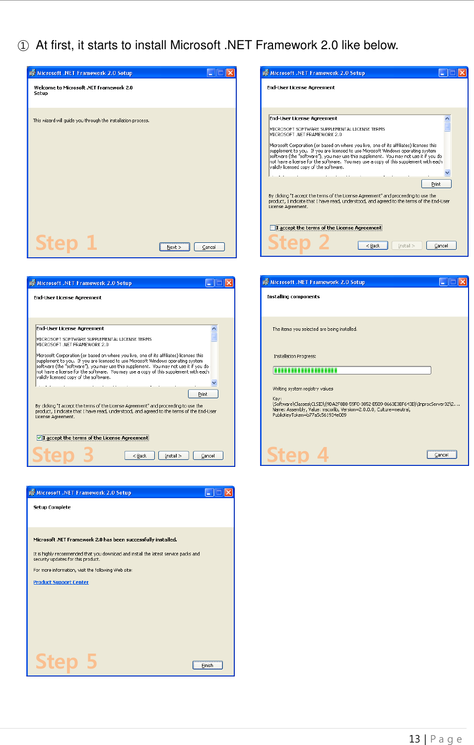 uBoard Installation Guide (V4.1)  13 | P a g e   ① At first, it starts to install Microsoft .NET Framework 2.0 like below.                                                Step 1 Step 2  Step 3 Step 4 Step 5 