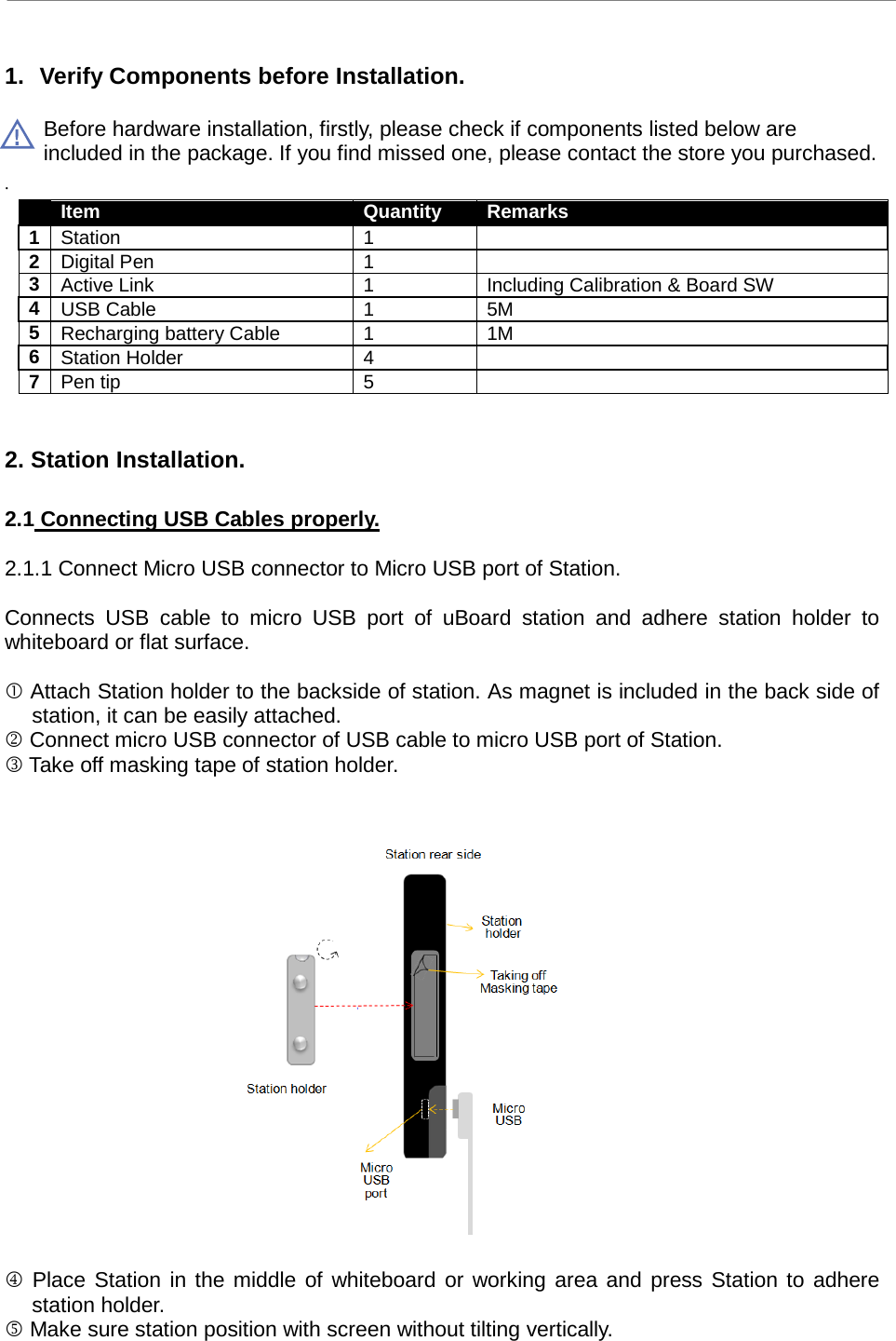 uBoard Hardware Installation Guide (V2.2)      3  1. Verify Components before Installation.  Before hardware installation, firstly, please check if components listed below are included in the package. If you find missed one, please contact the store you purchased. .  Item Quantity Remarks 1   Station 1  2   Digital Pen 1  3   Active Link 1 Including Calibration &amp; Board SW 4 USB Cable 1 5M   5 Recharging battery Cable 1 1M 6 Station Holder 4  7 Pen tip 5    2. Station Installation.  2.1 Connecting USB Cables properly.  2.1.1 Connect Micro USB connector to Micro USB port of Station.  Connects USB cable to micro USB port of uBoard station and adhere station holder to whiteboard or flat surface.   Attach Station holder to the backside of station. As magnet is included in the back side of station, it can be easily attached.  Connect micro USB connector of USB cable to micro USB port of Station.  Take off masking tape of station holder.                      Place Station in the middle of whiteboard or working area and press Station to adhere station holder.  Make sure station position with screen without tilting vertically. 