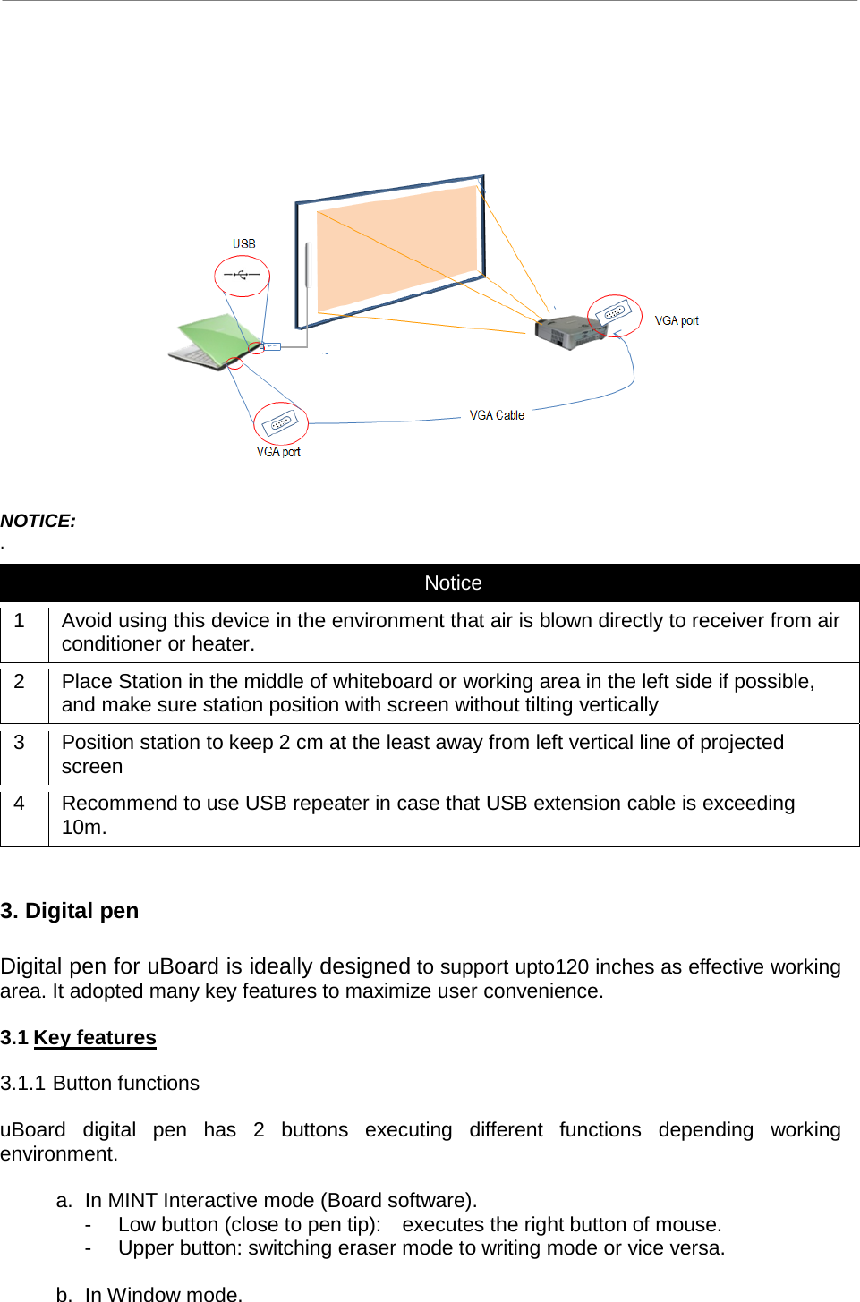 uBoard Hardware Installation Guide (V2.2)      5                       NOTICE:   .     Notice   1   Avoid using this device in the environment that air is blown directly to receiver from air conditioner or heater. 2   Place Station in the middle of whiteboard or working area in the left side if possible, and make sure station position with screen without tilting vertically 3   Position station to keep 2 cm at the least away from left vertical line of projected screen   4   Recommend to use USB repeater in case that USB extension cable is exceeding 10m.     3. Digital pen  Digital pen for uBoard is ideally designed to support upto120 inches as effective working area. It adopted many key features to maximize user convenience.  3.1 Key features  3.1.1 Button functions  uBoard digital pen has 2 buttons executing different functions depending working environment.  a. In MINT Interactive mode (Board software).   -  Low button (close to pen tip):  executes the right button of mouse.   -  Upper button: switching eraser mode to writing mode or vice versa.  b. In Window mode. 