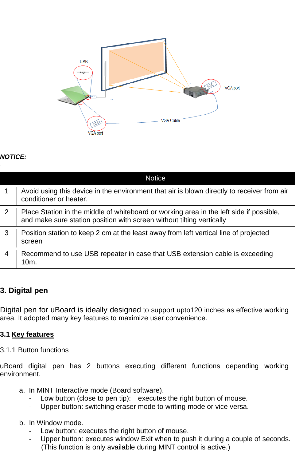 uBoard Hardware Installation Guide (V2.2)  PenAndFree Co.,Ltd, 2010    5                    NOTICE:   .     Notice   1   Avoid using this device in the environment that air is blown directly to receiver from air conditioner or heater. 2   Place Station in the middle of whiteboard or working area in the left side if possible, and make sure station position with screen without tilting vertically 3   Position station to keep 2 cm at the least away from left vertical line of projected screen   4   Recommend to use USB repeater in case that USB extension cable is exceeding 10m.     3. Digital pen  Digital pen for uBoard is ideally designed to support upto120 inches as effective working area. It adopted many key features to maximize user convenience.  3.1 Key features  3.1.1 Button functions  uBoard digital pen has 2 buttons executing different functions depending working environment.  a. In MINT Interactive mode (Board software).   -  Low button (close to pen tip):  executes the right button of mouse.   -  Upper button: switching eraser mode to writing mode or vice versa.  b. In Window mode. -  Low button: executes the right button of mouse. -  Upper button: executes window Exit when to push it during a couple of seconds. (This function is only available during MINT control is active.) 