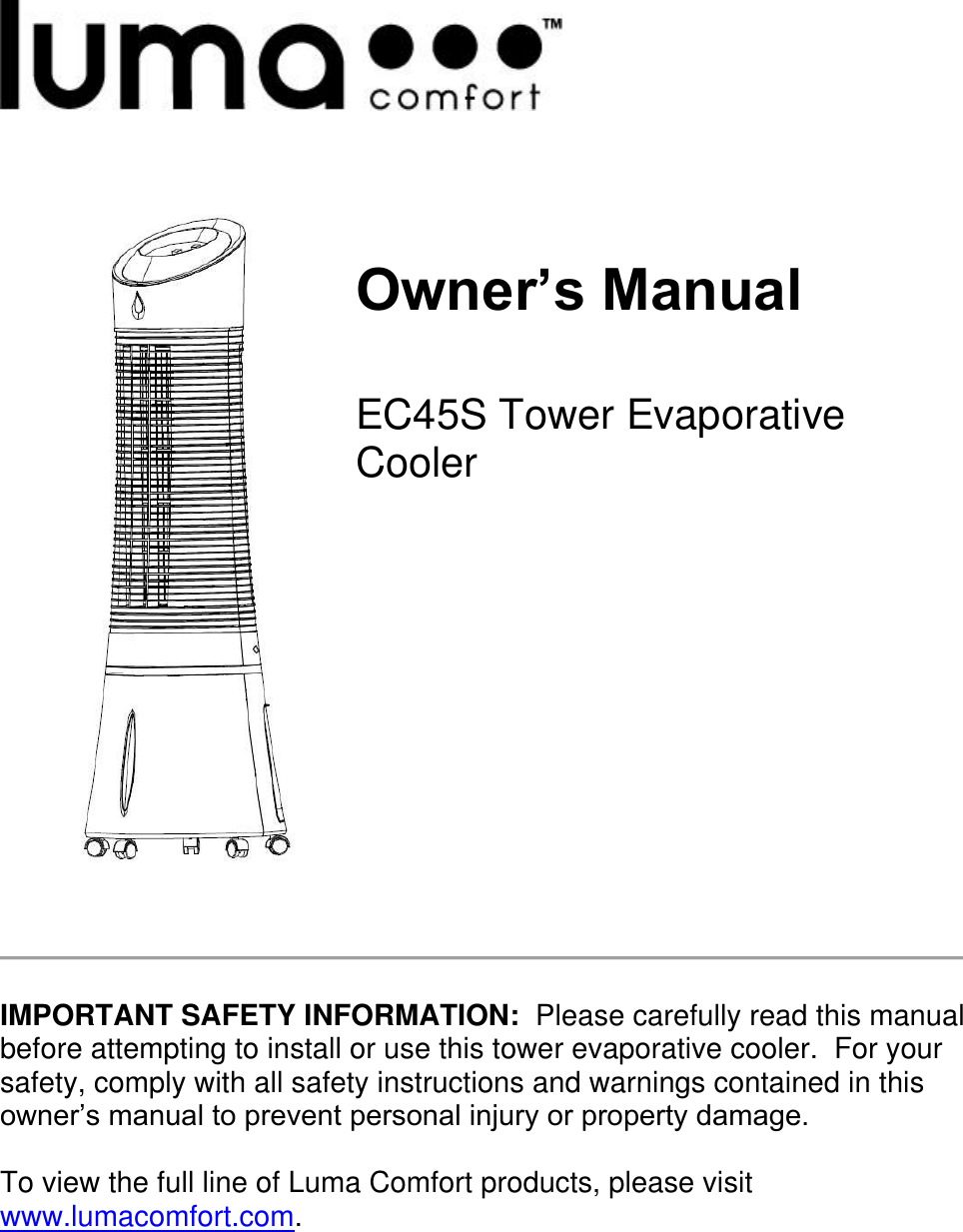 Luma Comfort Fan Ec45s Users Manual