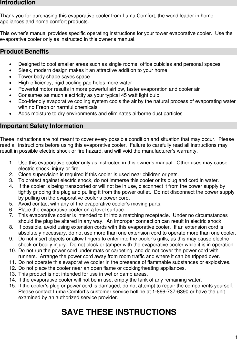 Luma Comfort Fan Ec45s Users Manual