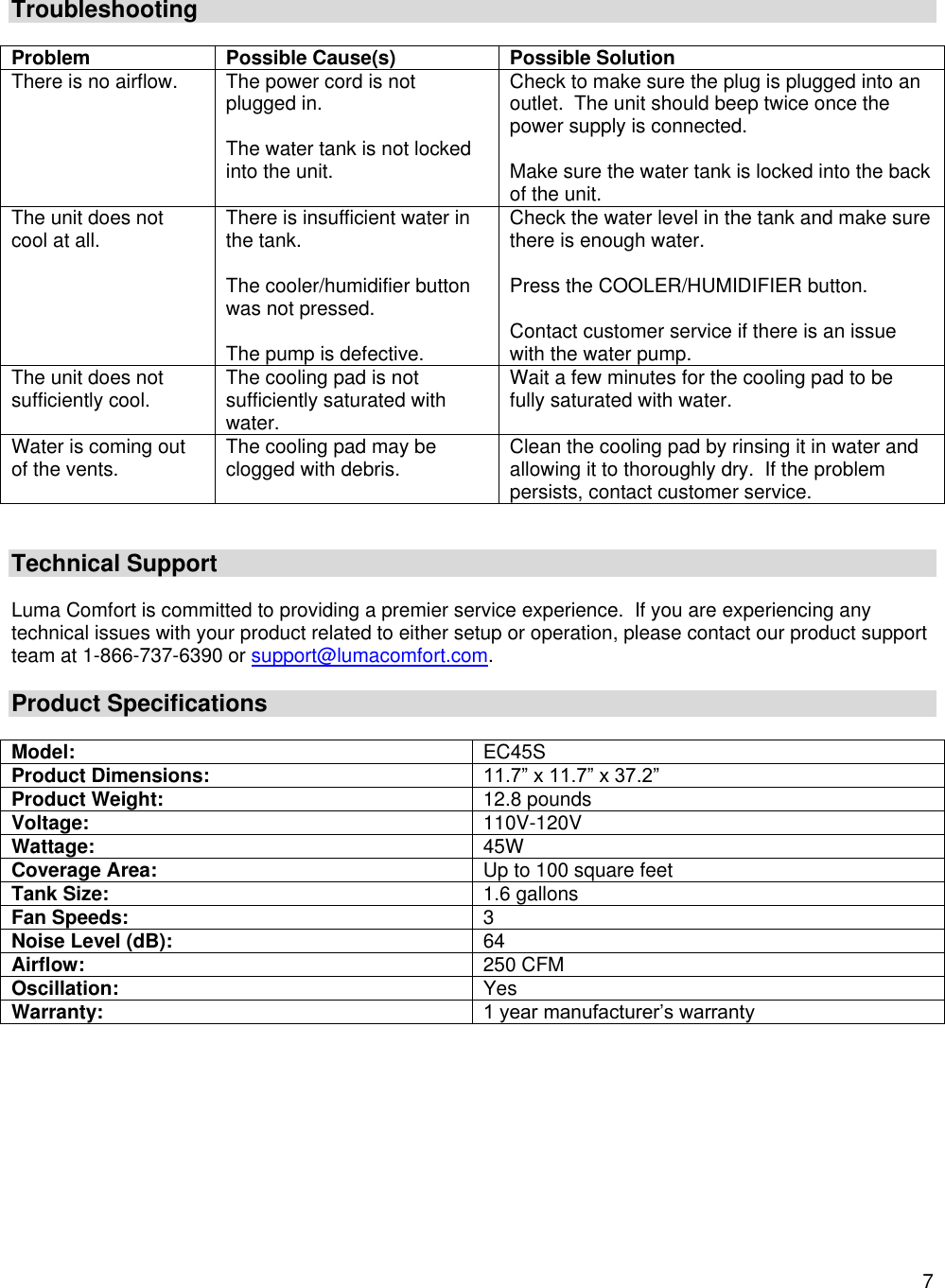 Luma Comfort Fan Ec45S Users Manual