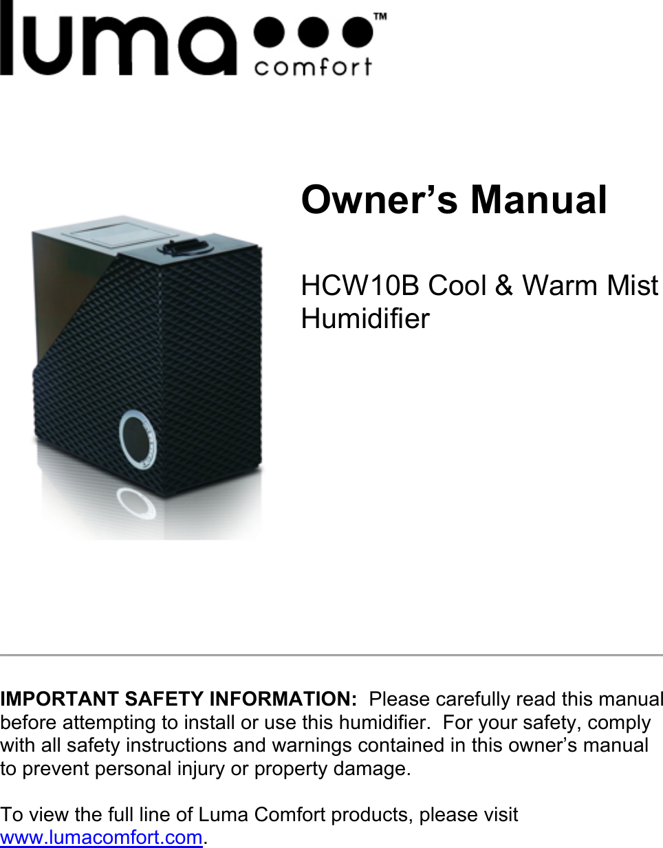 Page 1 of 9 - Luma-Comfort Luma-Comfort-Luma-Comfort-Humidifier-Hcw10B-Users-Manual HCW10B-Manual-Editedx