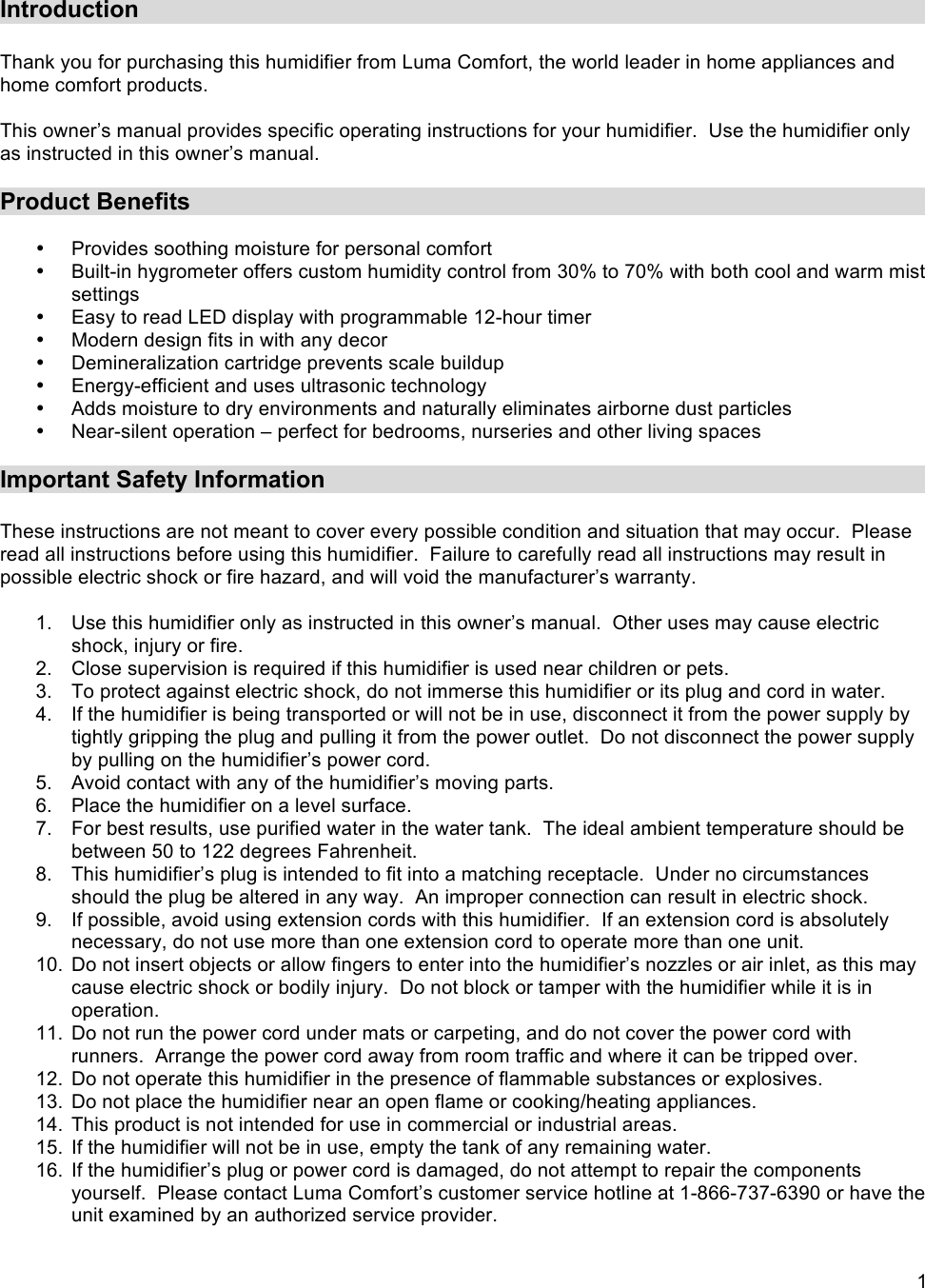 Page 3 of 9 - Luma-Comfort Luma-Comfort-Luma-Comfort-Humidifier-Hcw10B-Users-Manual HCW10B-Manual-Editedx