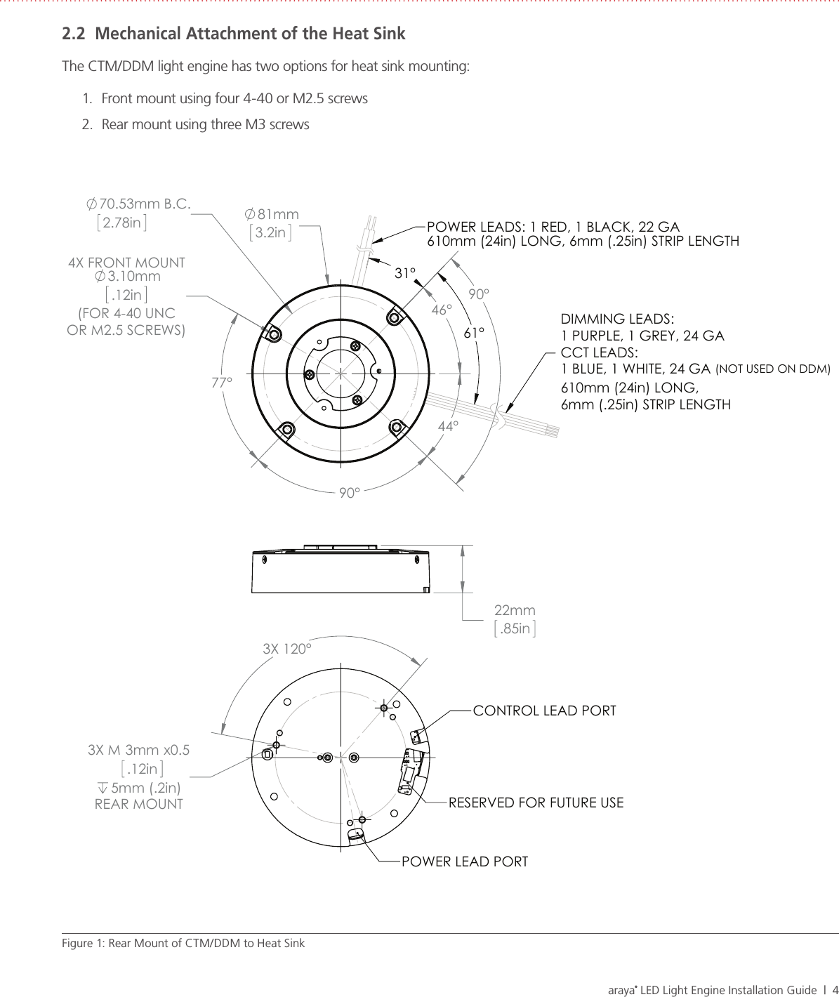 araya® LED Light Engine Installation Guide  |  42.2  Mechanical Attachment of the Heat SinkThe CTM/DDM light engine has two options for heat sink mounting: 1.  Front mount using four 4-40 or M2.5 screws 2.  Rear mount using three M3 screwsFigure 1: Rear Mount of CTM/DDM to Heat Sink81mm3.2in4X FRONT MOUNT3.10mm.12in(FOR 4-40 UNCOR M2.5 SCREWS) 90°  90°  77°  44°  46° 70.53mm2.78in B.C. 31°  61° DIMMING LEADS: 1 PURPLE, 1 GREY, 24 GACCT LEADS: 1 BLUE, 1 WHITE, 24 GA (NOT USED ON DDM)610mm (24in) LONG, 6mm (.25in) STRIP LENGTHPOWER LEADS: 1 RED, 1 BLACK, 22 GA610mm (24in) LONG, 6mm (.25in) STRIP LENGTH 22mm.85in 3X M3mm.12inx0.55mm (.2in)REAR MOUNT 3X 120° POWER LEAD PORTCONTROL LEAD PORTRESERVED FOR FUTURE USE