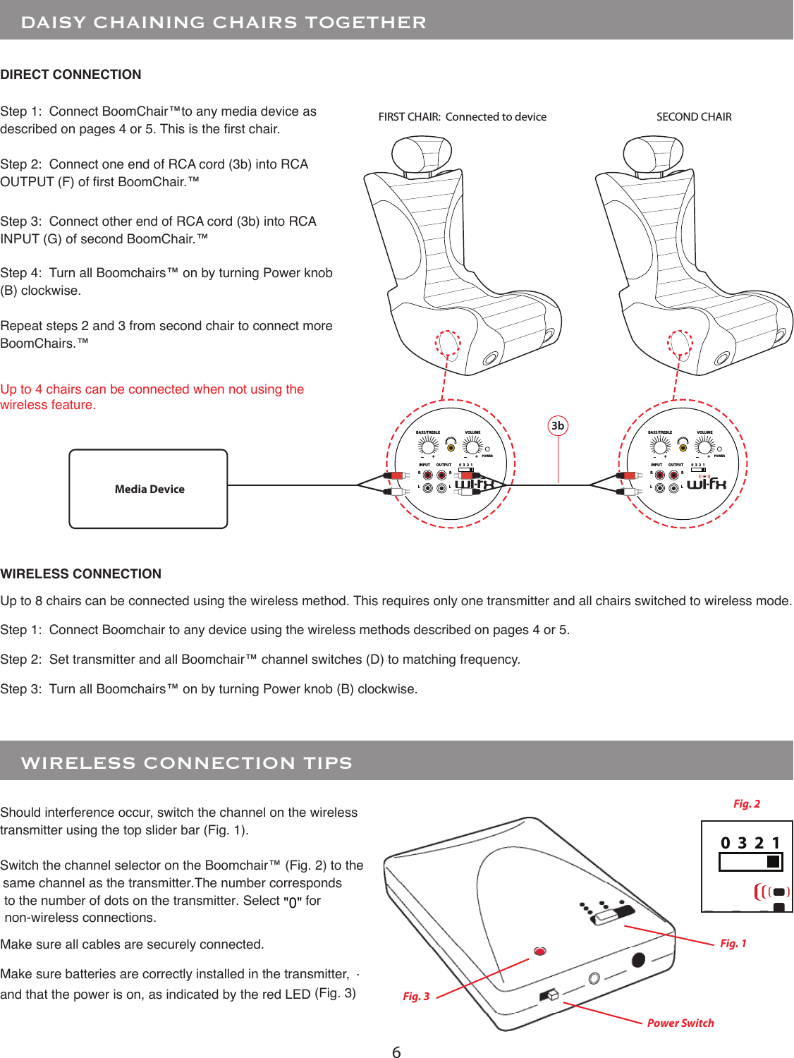 6SECOND CHAIR   DAISY CHAINING CHAIRS TOGETHER  POWERINPUT OUTPUTRRLL0  3  2  1BASS/TREBLE+VOLUME+POWERINPUT OUTPUTRRLL0  3  2  1BASS/TREBLE+VOLUME+Step 1:  Connect BoomChair™to any media device as described on pages 4 or 5. This is the rst chair.Step 2:  Connect one end of RCA cord (3b) into RCA OUTPUT (F) of rst BoomChair.™Step 3:  Connect other end of RCA cord (3b) into RCA INPUT (G) of second BoomChair.™Step 4:  Turn all Boomchairs™ on by turning Power knob (B) clockwise.Repeat steps 2 and 3 from second chair to connect more BoomChairs.™3bFIRST CHAIR:  Connected to deviceMedia DeviceUp to 8 chairs can be connected using the wireless method. This requires only one transmitter and all chairs switched to wireless mode.Step 1:  Connect Boomchair to any device using the wireless methods described on pages 4 or 5.Step 2:  Set transmitter and all Boomchair™ channel switches (D) to matching frequency.Step 3:  Turn all Boomchairs™ on by turning Power knob (B) clockwise.Up to 4 chairs can be connected when not using the wireless feature.DIRECT CONNECTIONWIRELESS CONNECTIONShould interference occur, switch the channel on the wireless transmitter using the top slider bar (Fig. 1).Switch the channel selector on the Boomchair™ (Fig. 2) to the Make sure all cables are securely connected.Make sure batteries are correctly installed in the transmitter, and that the power is on, as indicated by the red LED (Fig. 3).POWERINPUT OUTPUTRRLL0  3  2  1BASS/TREBLE+VOLUME+   WIRELESS CONNECTION TIPS  Fig. 2Fig. 1Fig. 3Power Switchsame channel as the transmitter.The number correspondsto the number of dots on the transmitter. Select       for &quot;0&quot;non-wireless connections.