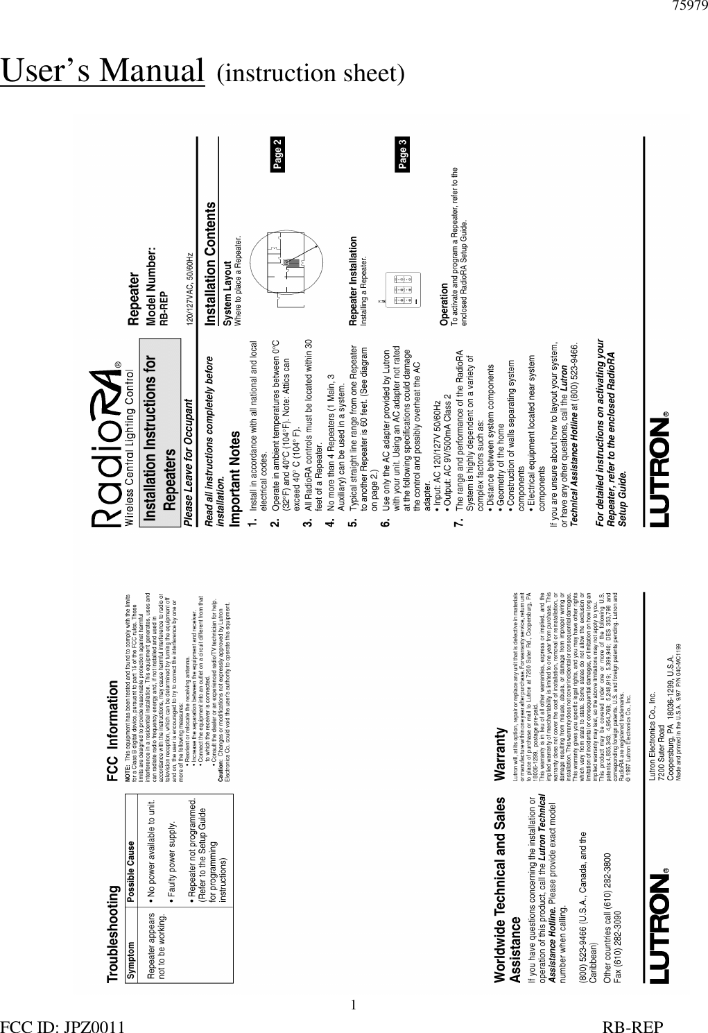 75979FCC ID: JPZ0011                                                                                                              RB-REP1User’s Manual  (instruction sheet)