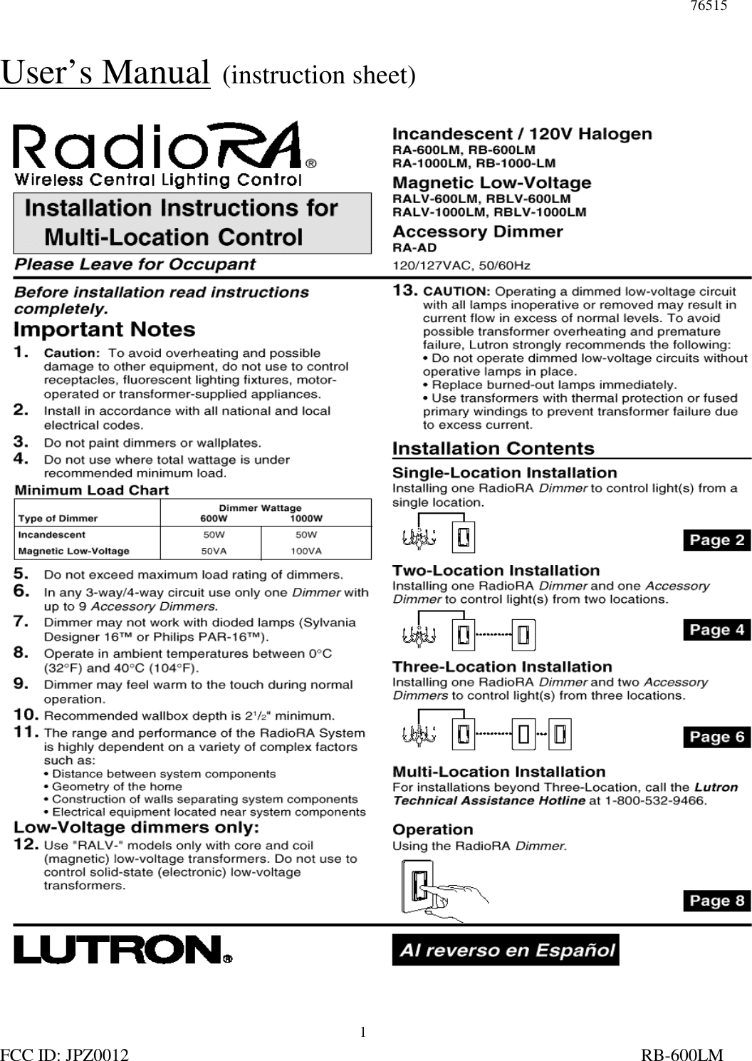76515FCC ID: JPZ0012                                                                                                                   RB-600LM1User’s Manual  (instruction sheet)