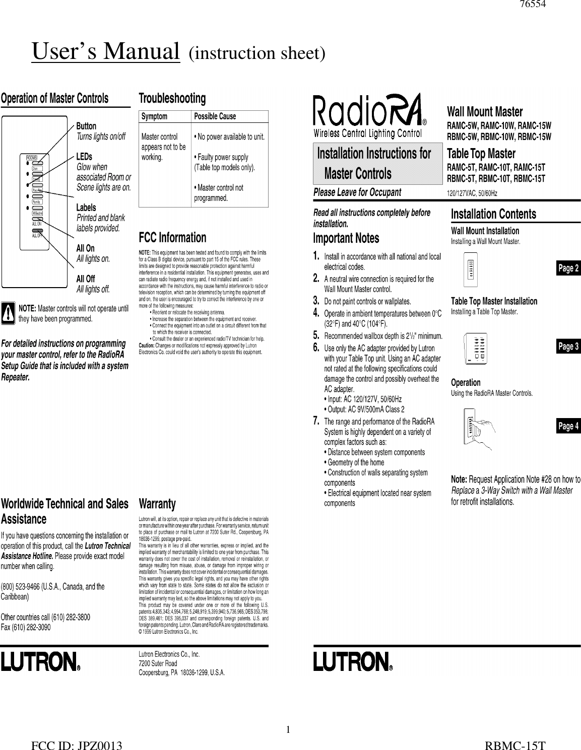 76554FCC ID: JPZ0013                                                                                                                   RBMC-15T1User’s Manual  (instruction sheet)