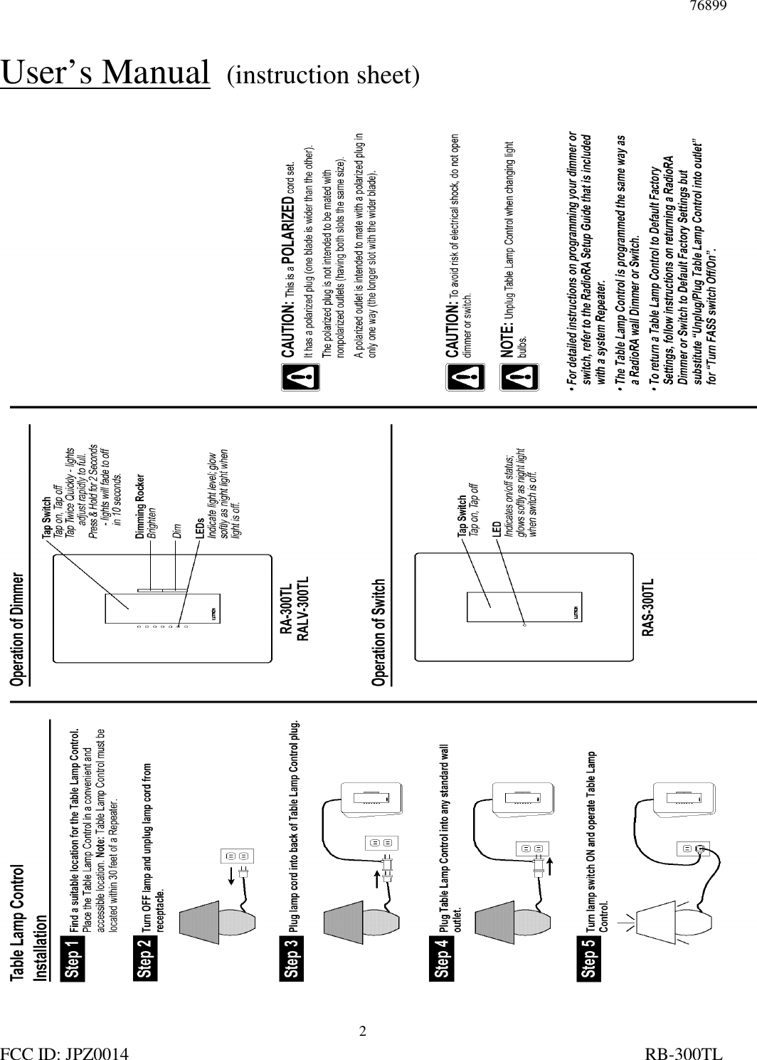 76899FCC ID: JPZ0014                                                                                                                    RB-300TL2User’s Manual  (instruction sheet)
