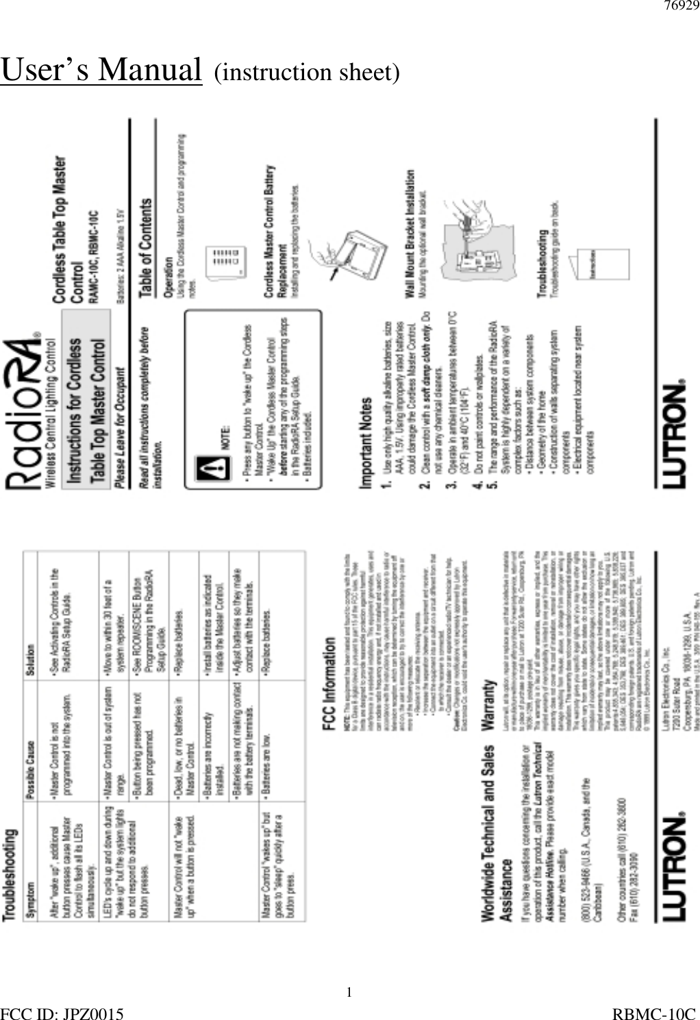 76929FCC ID: JPZ0015                                                                                                                  RBMC-10C1User’s Manual  (instruction sheet)