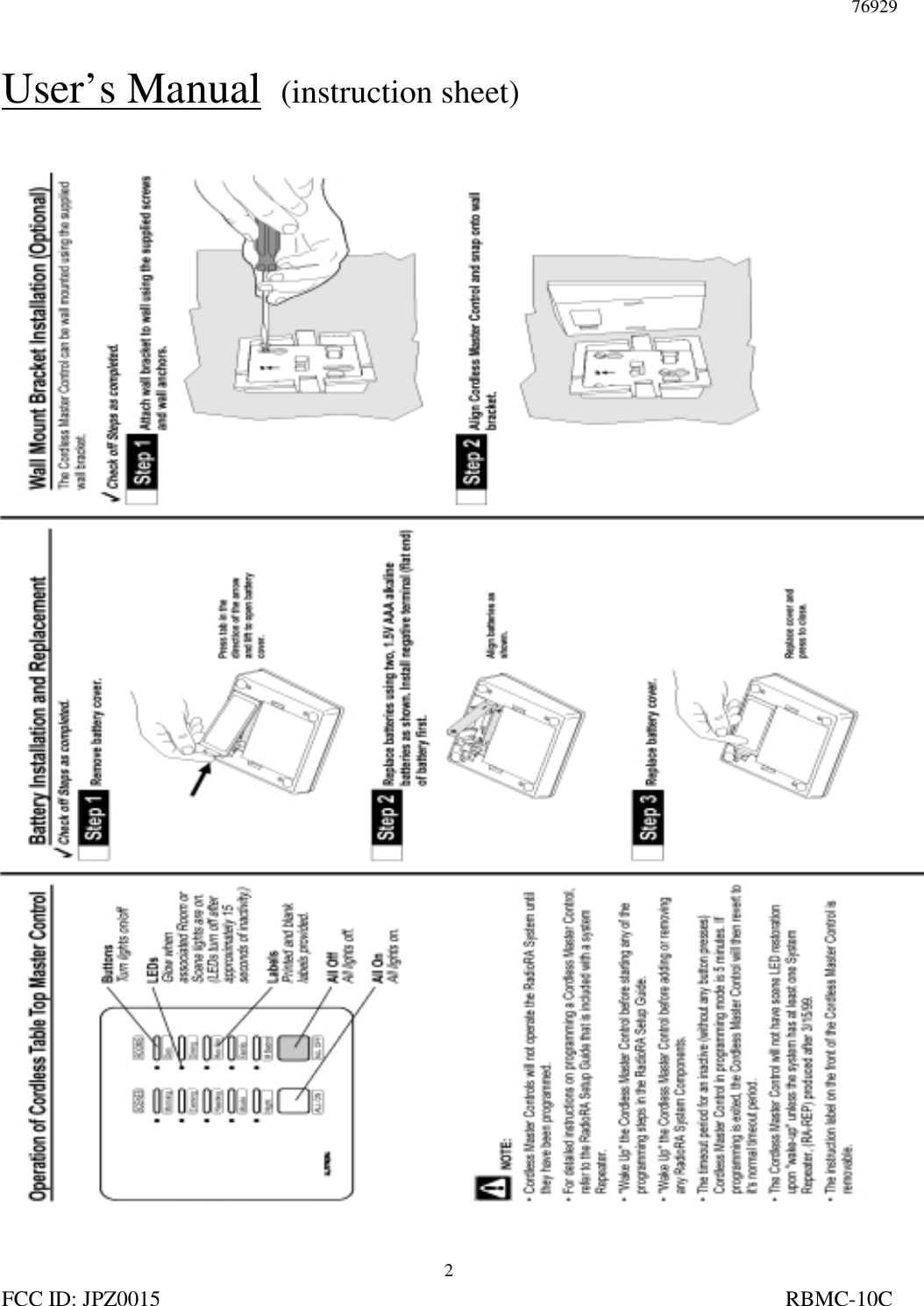 76929FCC ID: JPZ0015                                                                                                                  RBMC-10C2User’s Manual  (instruction sheet)