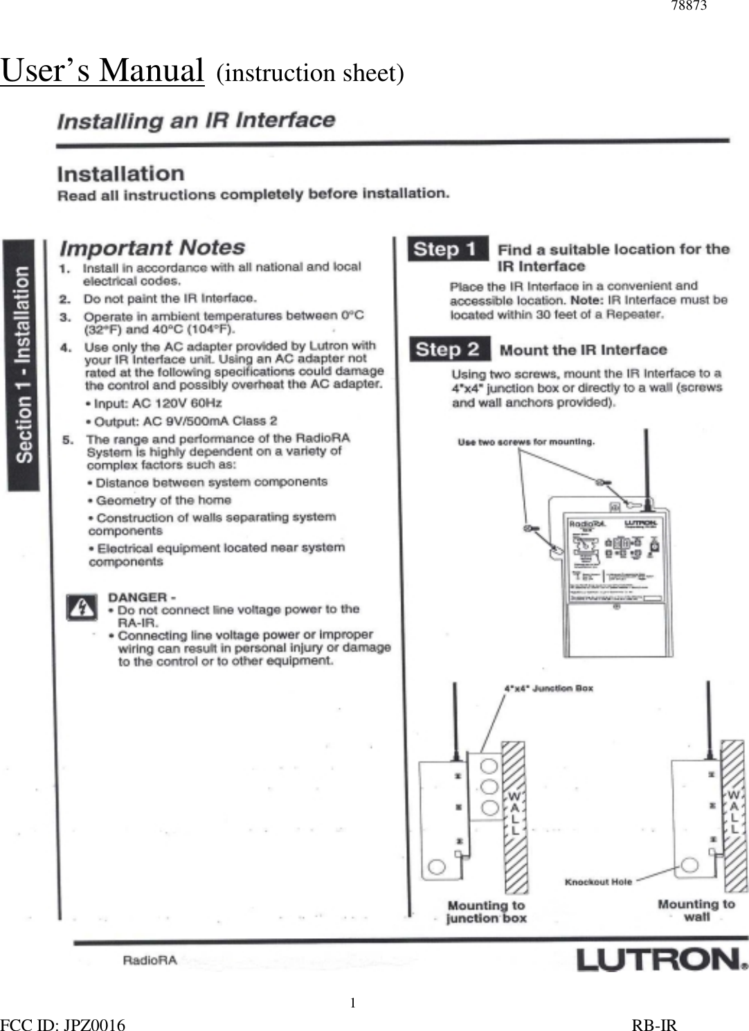 78873FCC ID: JPZ0016                                                                                                                     RB-IR1User’s Manual  (instruction sheet)